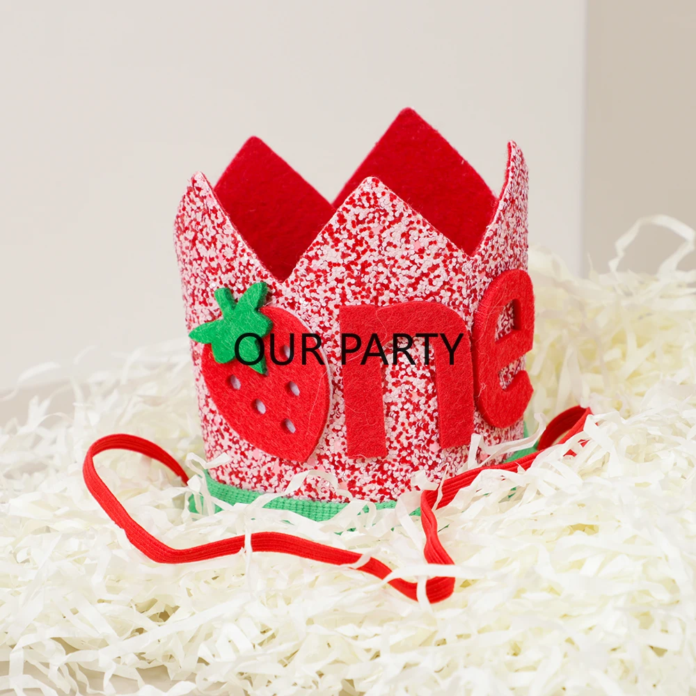 

1 шт., шляпа с милой клубникой на первый день рождения, блестящая фетровая корона 1 года для детей, декор для дня рождения, детского душа, вечеринки