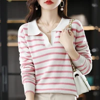 spring and autumn new korean womens v neck 100 wool knit sweater lapel long sleeve loose soft casual fashion striped pullover