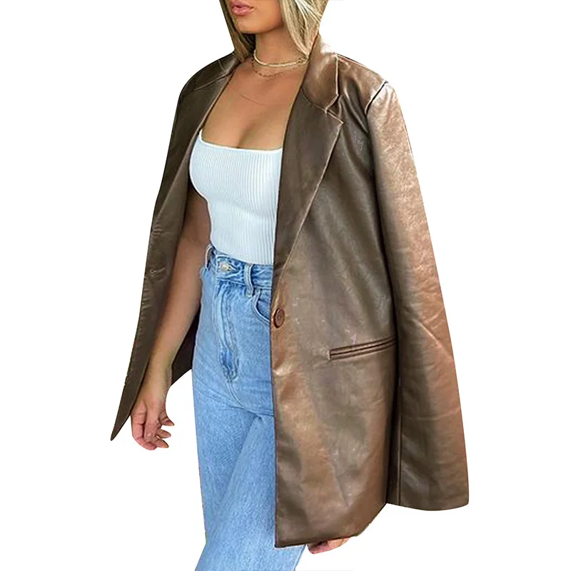 

Women Leather Coat, Long Sleeve Lapel Solid Color Casual Party Club Street Office Formal Cardigan