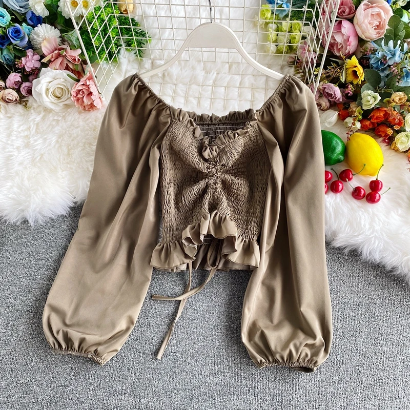 Женская однотонная блузка в Корейском стиле с короткими пышными рукавами