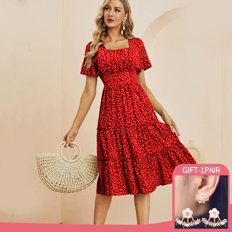 

Женское шифоновое платье средней длины, платье в горошек с коротким рукавом, квадратным вырезом и оборками, лето 2022