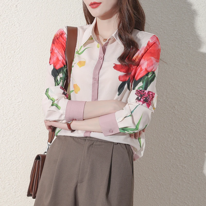 

Print Women's Blouse Polo Shirt New Casual Loose Chiffon Plus Size Summer Lady Long Sleeve Top Houthion