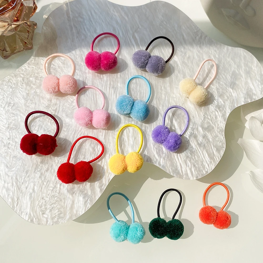 

2Pcs/lot 1.4 Inch Solid Double Hairball with Elastic Hair Band Kids Girls Boutique Hairbands Ponytail Hair Rope Hair Accessories