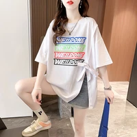 summer korean style clothes split loose mid length irregular t shirt letter kawaii clothes designer fashion top graphic tees