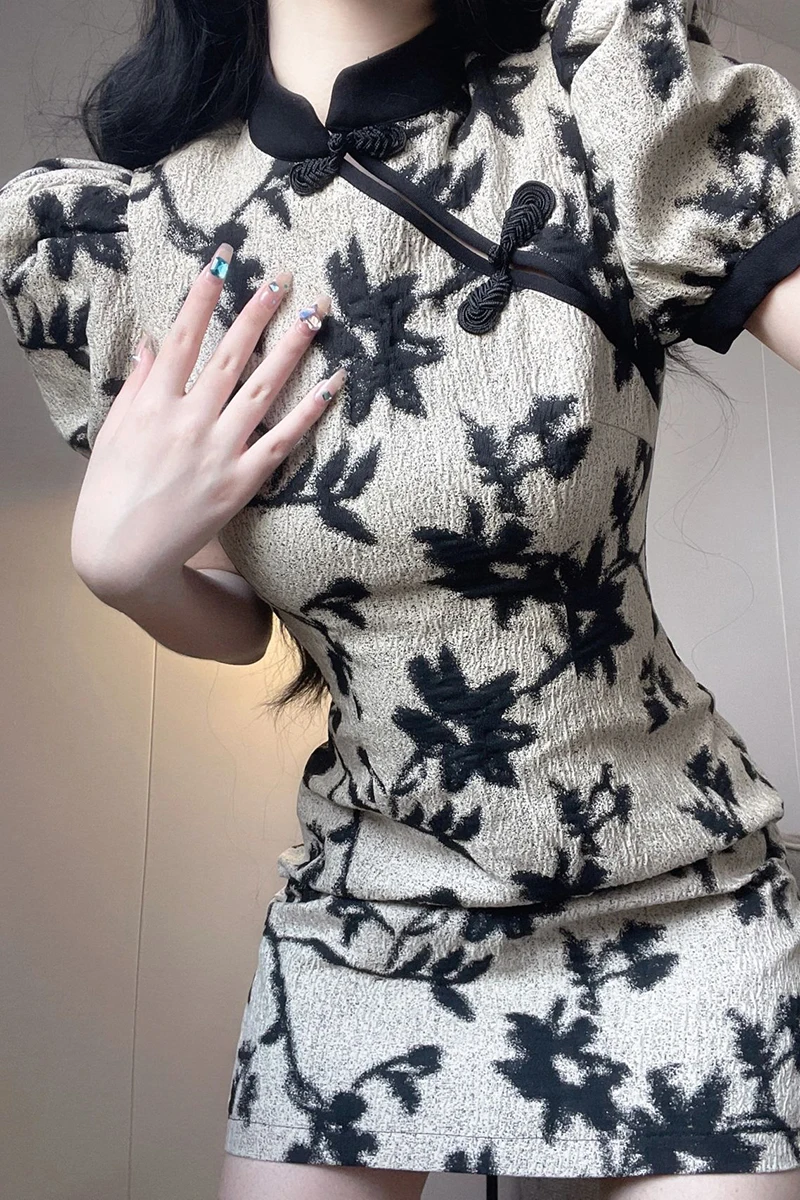 

Vintage Summer Dresses Women 2023 Vestidos De Mujer Stand Neck Short Sleeve Floral Bodycon Mini Dress Temperament Robe Femme