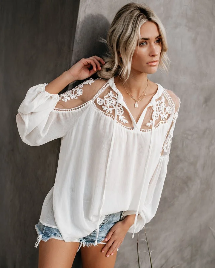 

Super Chic Relaxed Fit white LACE BLOUSE Billowy Sleeves V-neck tied front sexy women blouse 2022 spring summer woman tops