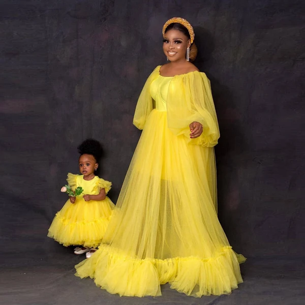 

Cheap Yellow Draped Soft Tulle Casual Dress South Africa Style Long Tulle Dresses Mother And Daughter Photo Shoot Party Dress