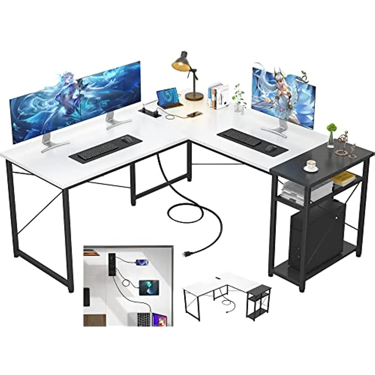 

Large L Shaped Gaming Desk with Storage Shelves Industrial Corner Desk Writing Study Table for Home Office Gaming Workstation
