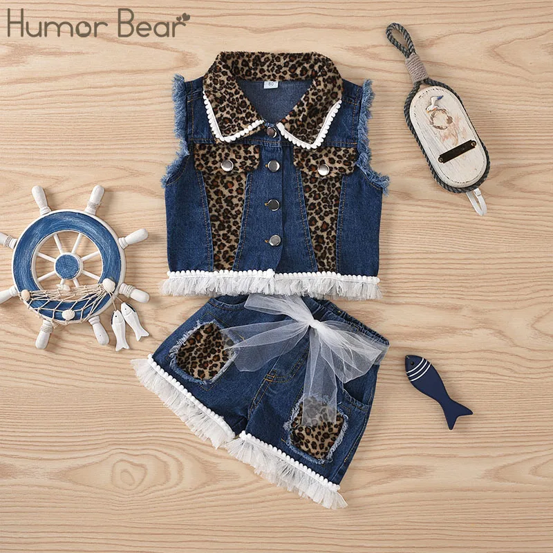 

Humor Bear Girls' New Sleeveless Denim Top and Shorts Set with Leopard Pattern Patchwork Mesh Vestidos Casual Outfit 1-5Y