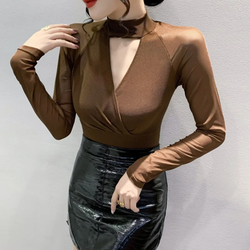 #8374 Сетчатая футболка женская сексуальная водолазка с вырезами длинным рукавом