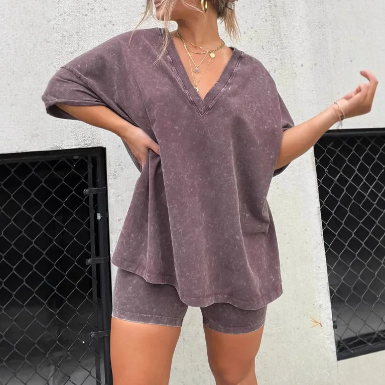 Модный комплект из 2 предметов с v-образным вырезом и короткими рукавами женский