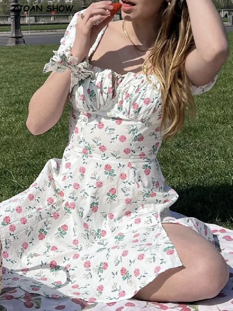 

Женское платье с пышными рукавами, милое ретро-платье с цветочным принтом, корсет в стиле ретро, со шнуровкой, рюшами, квадратным воротником ...