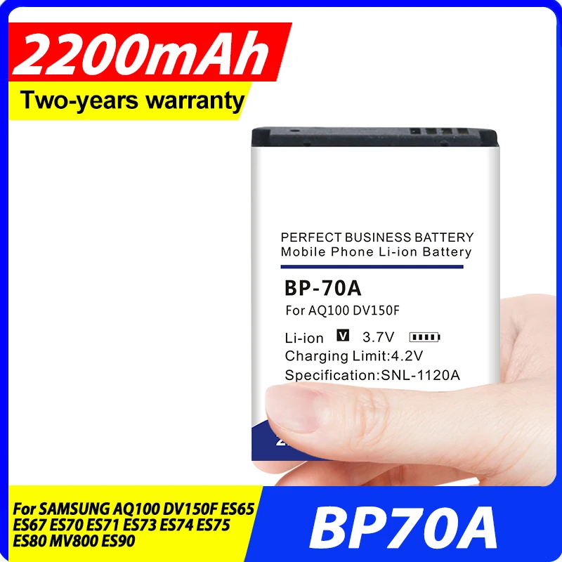 Новинка 2023, 2200 мАч, фотоаккумулятор BP70A для SAMSUNG AQ100 DV150F ES65 ES67 ES70 ES71 ES73 ES74 ES75 ES80 MV800 ES90, фотоаккумулятор