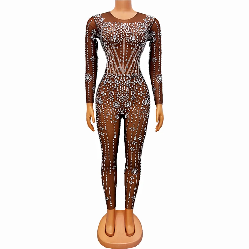 

Brown Mesh Transparent Rhinestones Stretch Jumpsuit Evening Birthday Celebrate Outfit Sexy Dancer Performance Bodysuit