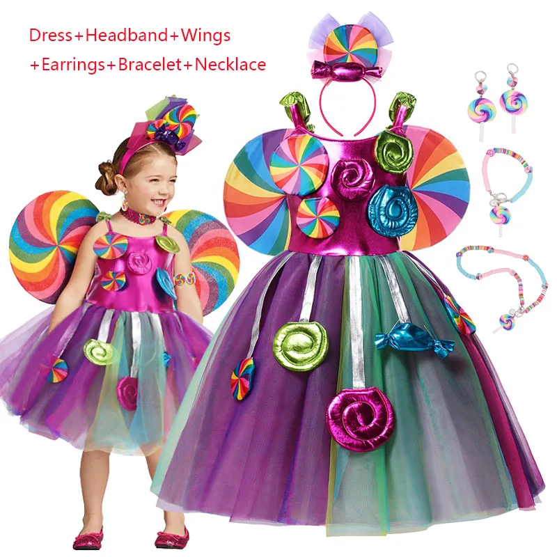 Children Cute Rainbow Candy Princess Dress Girls Christmas Carnival Lollipop Tutu Costume Kids Cosplay Performance Clothing Set