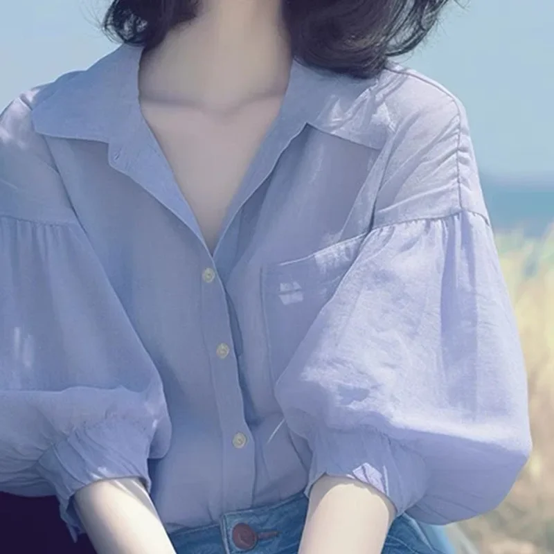 Летний шикарный чувственный фиолетовый топ с рукавами-фонариками в корейском