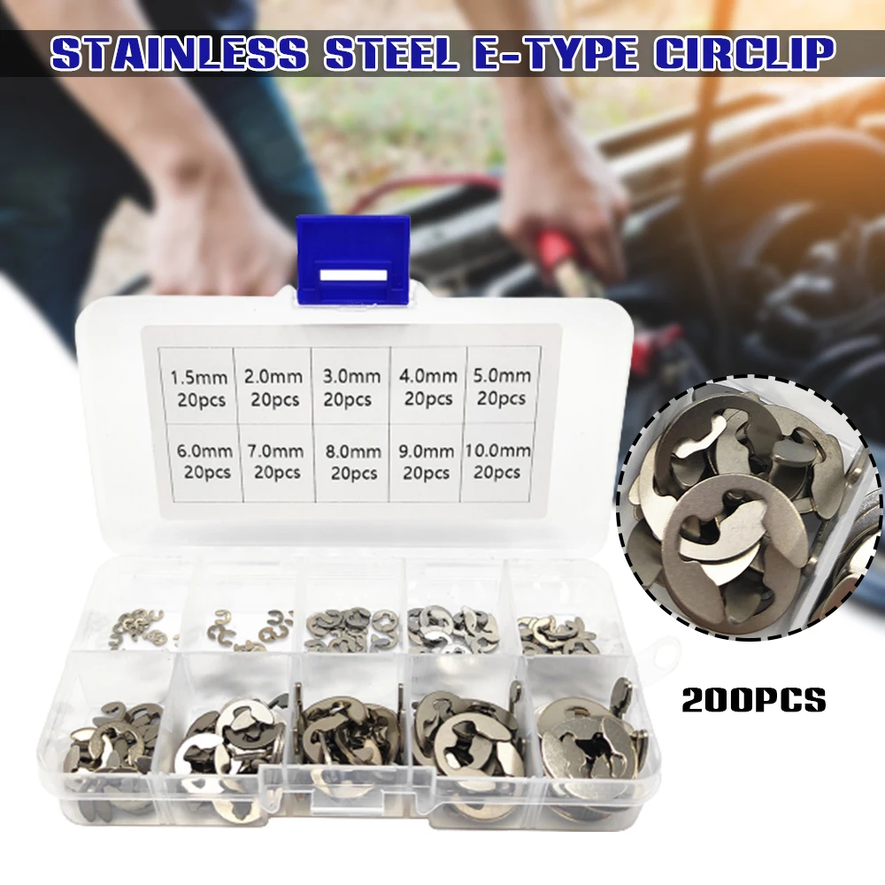 

200PCS 304 Stainless Steel E Clip Assortment Kit External Retaining Ring Set Durable E Clip Washer Opening snap Ring _WK