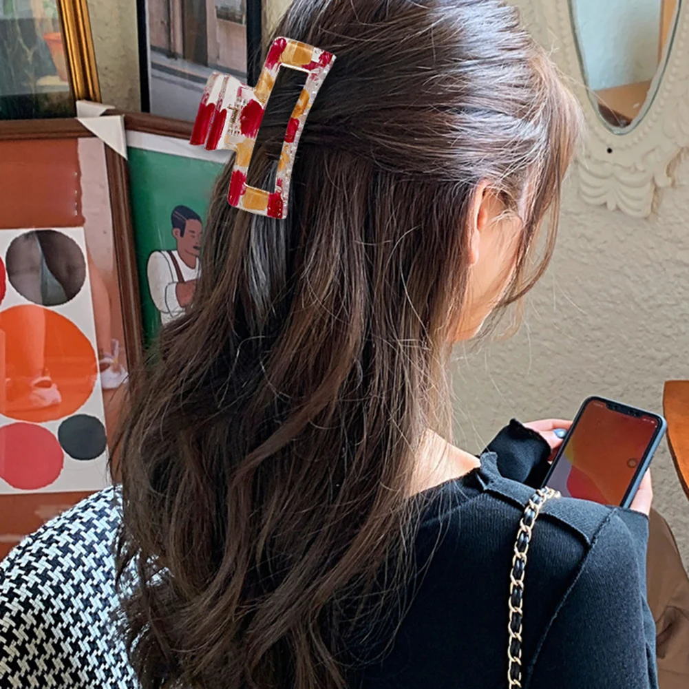 

Square Hollow Hair Claws Women Color Painting Girls Transparency Shark Crab Clips Hair Accessories Geometric Bath Hair Clip