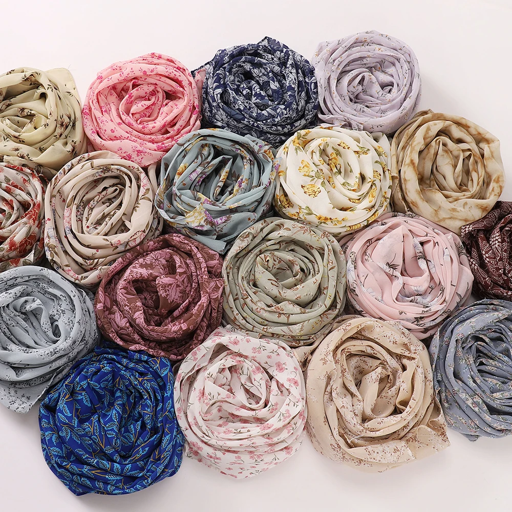 Шифоновый Хиджаб С Жемчужными Украшениями Узором В Репсовую Принту Малайская