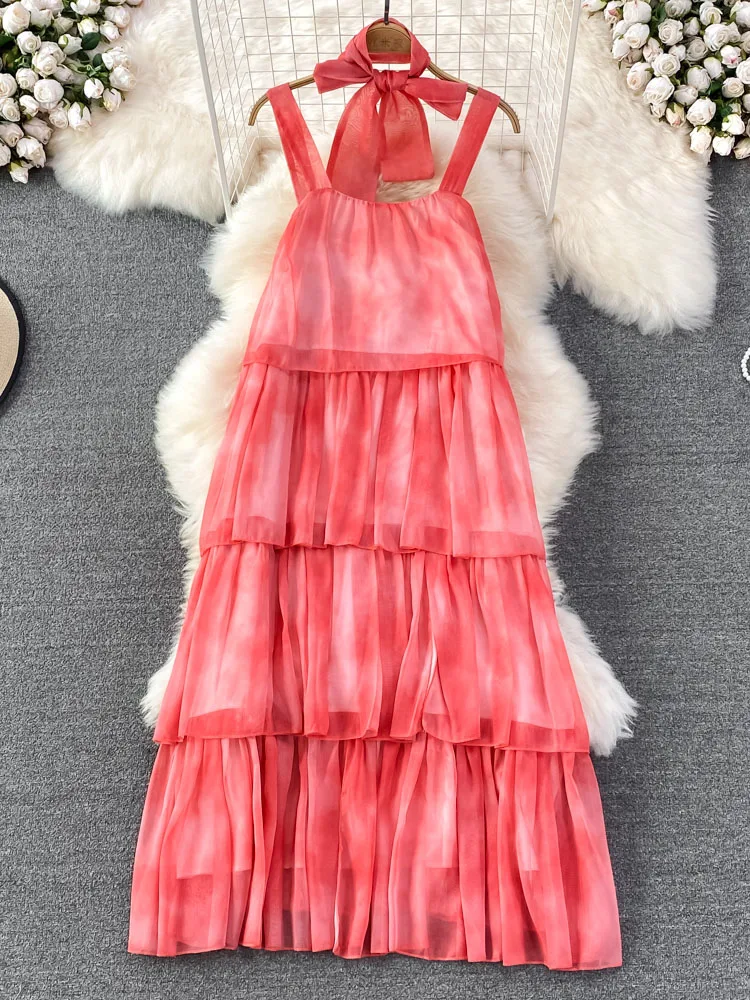 

Женское летнее пляжное платье для отдыха на море, юбка с подтяжками в виде листьев, тонкое высококачественное розовое платье для женщин D1231