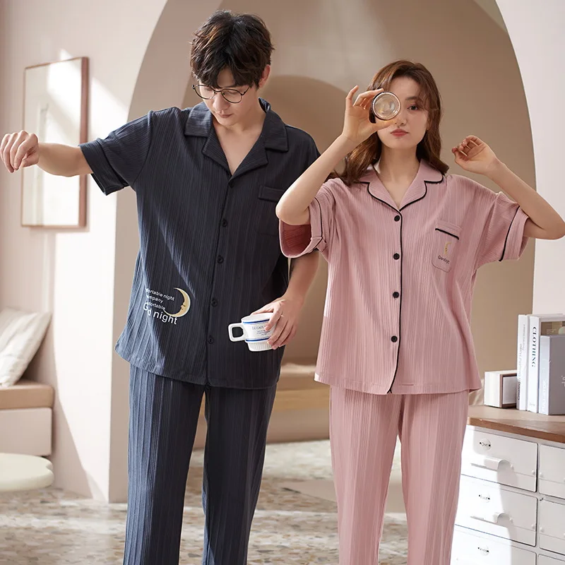 Couple Two Piece Set Summer Pijamas Cotton Short-sleeved Tops Trousers Clothes Women and Men Home Clothes Sleep Wear Pj Sets