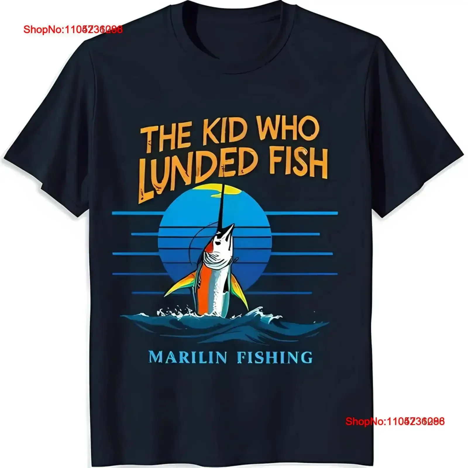 Фото Мужская синяя футболка с дизайном Marlin «The Who Lunded Fish», винтажная стираная графика, модная стильная дизайнерская одежда для дома, мягкая №1