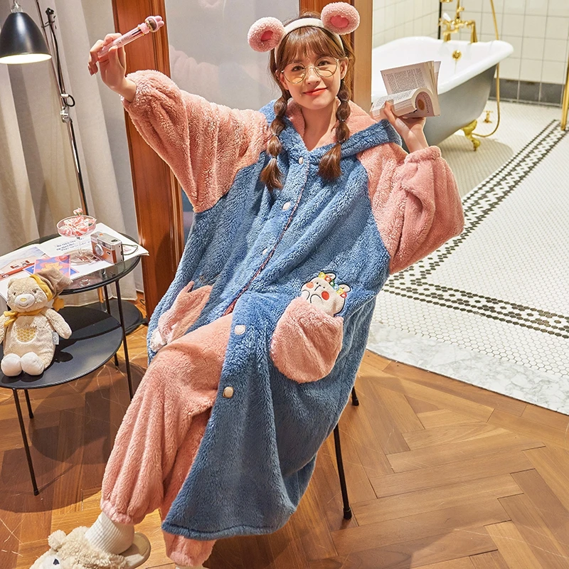 Winter Pajamas Fashion Women Sleepwear Plush Robe Thermal Pantsuit Plus Size Home Wear Add Fleece and Thicken Nightgown