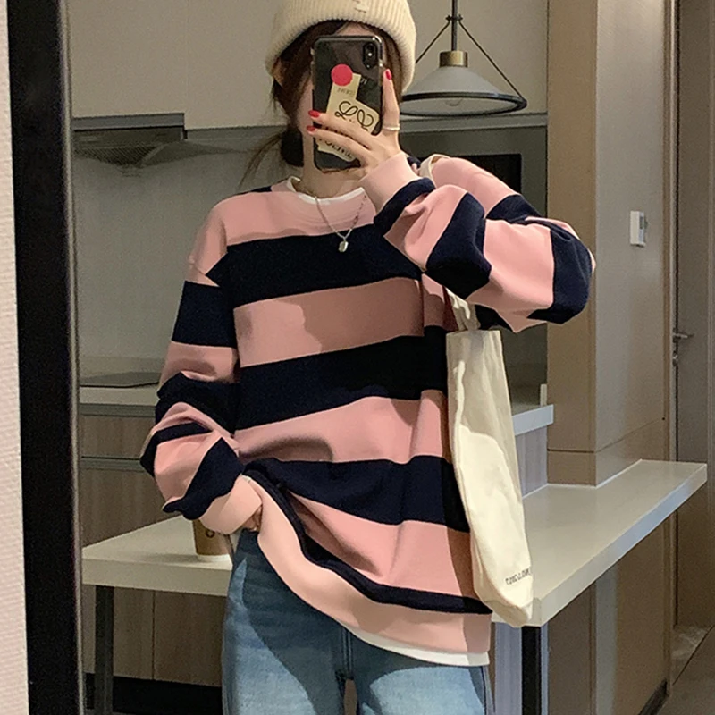 

Women's Fashion Striped Sweatshirt Loose Casual Fake Two Piece Women Pullover All-match Korean Long-sleeved Top 2022 Winter New