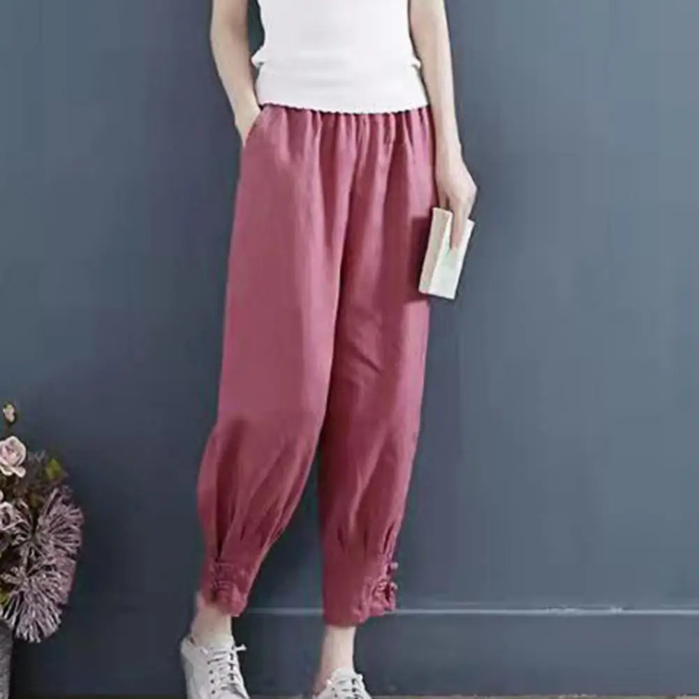 

Women Pants Mid-Rise Solid Color Slant Pockets Buttons Ankle Cuffs Loose Elastic Waist Casual Harem Trousers Women Clothing