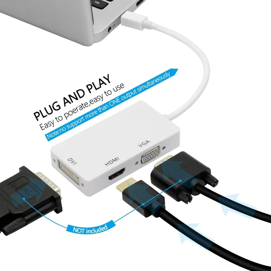 Фото Кабель-адаптер Mini DisplayPort to HDMI 4K VGA DVI 3-в-1 1080P Thunderbolt Mini DP to VGA HDMI DVI Converter для Macs Laptop PC №2