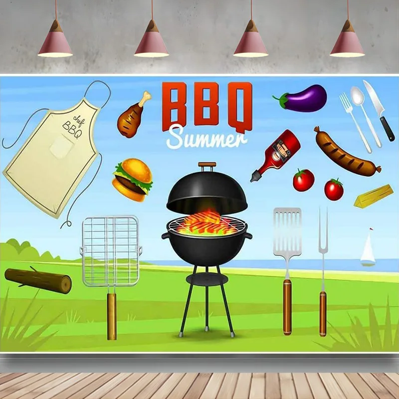 

BBQ Party Backdrop Summer Barbecue Theme Outdoor Lawn Picnic Food Banner Decoration Photography Background Photo Studio Props