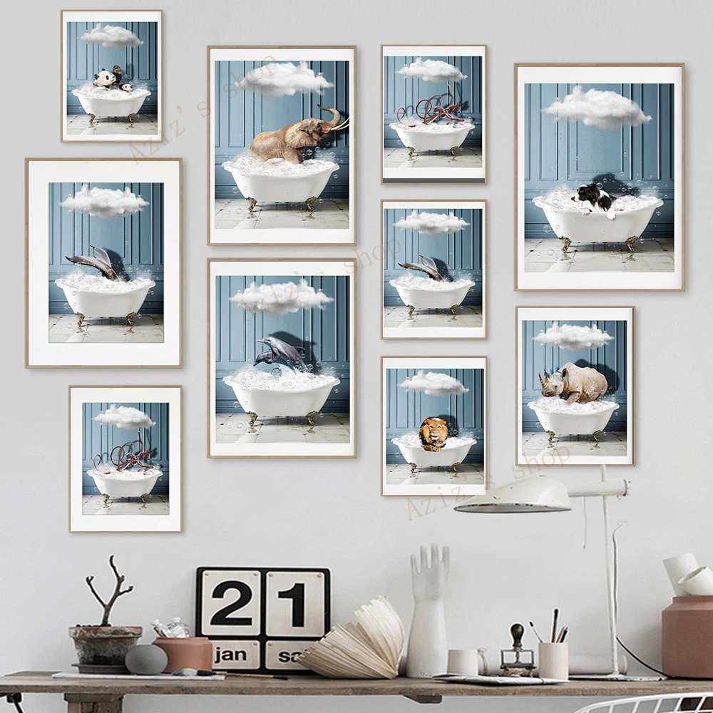 

Dog Whale Panda Giraffe Octopus Dolphin Bathtub Wall Art Print Canvas Painting Nordic Poster Wall Picture Kids Room Toilet Decor