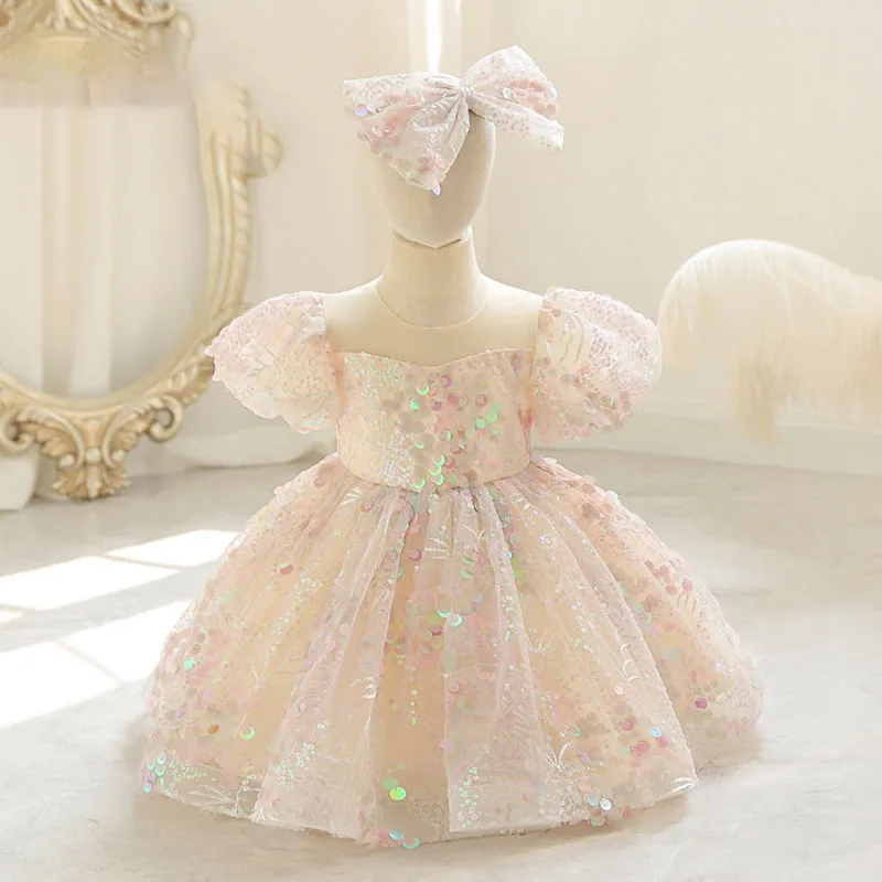 

Женское изысканное платье для первого причастия, роскошное блестящее вечернее платье с блестками, платье с бантом и пышными рукавами для тренировок и представлений