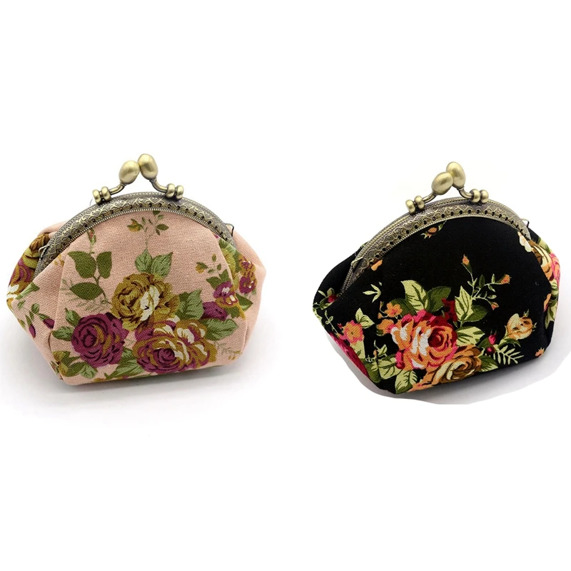 

2X Wallet,Lady Vintage Flower Mini Coin Purse Wallet Clutch Bag (Pink&Black)