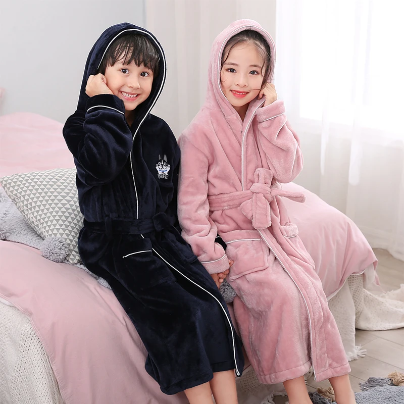 

Pajamas Hooded Flannel Girl Lengthen Warm Children Bathrobe Winter New Thicken For Coral Gown Robe Boys Dressing Arrival Velvet