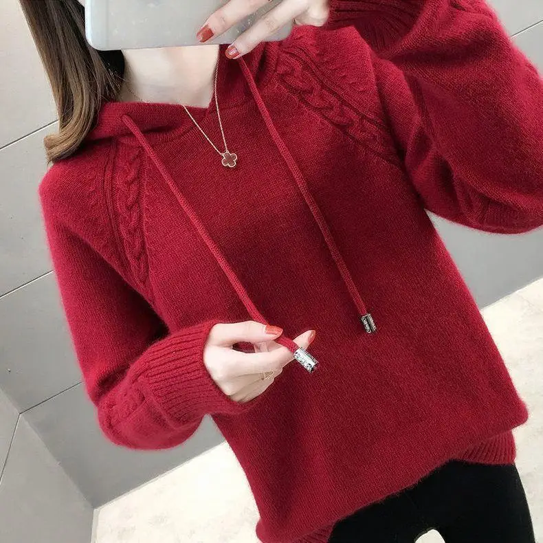 

2023 Women's Hoodie Cashmere Sweater Winter New Hooded Collar Knit Pullover Fashion Large Size Thick Long Sleeve Twist Top D46