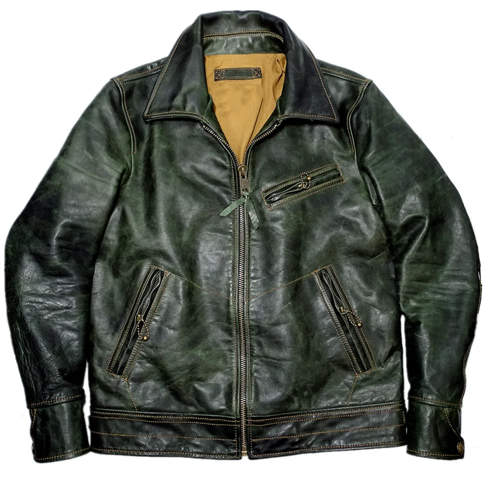 Зимняя мужская куртка-бомбер из натуральной кожи верхнее пальто зеленая куртка