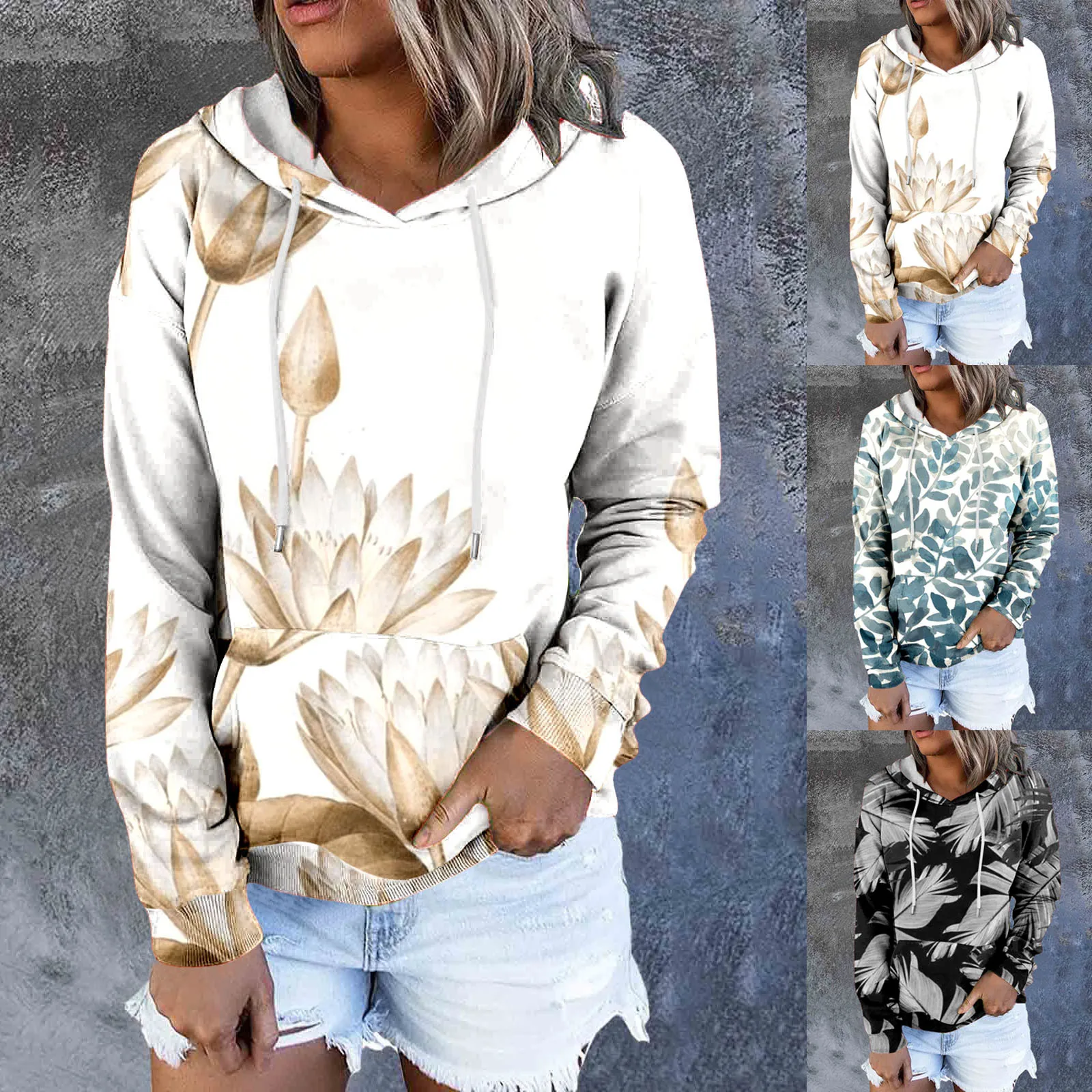 

Women Casual Flower And Leaf Print Long Sleeve Pocket Hooded Sweatshirt Womens Hoodies Tall