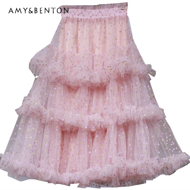 

Pink Polka-Dot Tiered-Ruffle Skirt Fairy Gauze Skirt Sweet Princess Style Mid-Length Mesh Dress Glitter A- line Cake Long Skirt