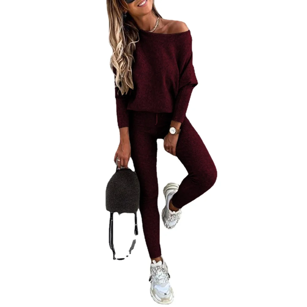 

Spring 2022 Set Women 2 Pieces Solid Color Fashion Skew Shoulder Long Sleeve Loose Sports Trousers Long Tight Pants Tracksuit