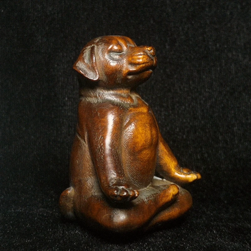 

YIZHU CULTUER ART Размер 6x4,7 см Китайский самшит ручной работы Прекрасная фигурка собаки йоги Статуя Нецсуке Старое украшение Коллекционная