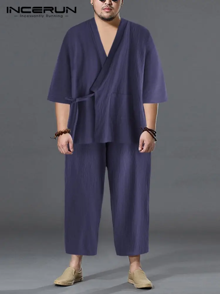 2022 Men's Traditional Kimono Pajamas Suits Robe Gown 2Pcs/Set Lounge Bathrobe Male Sleepwear Loose Cotton Japan Pajamas Hombre