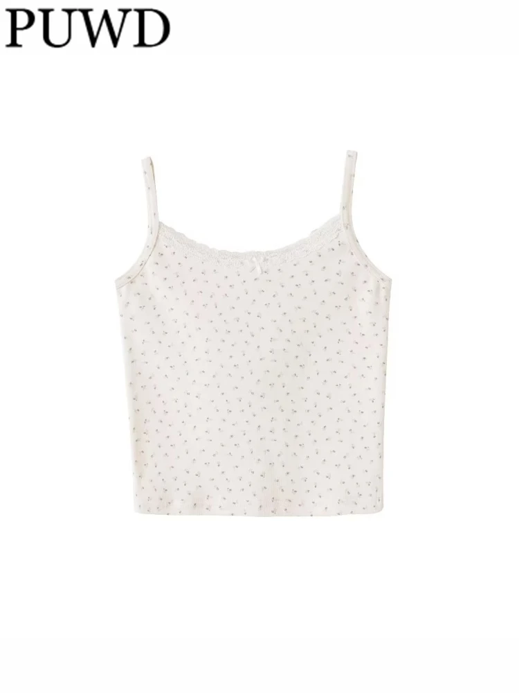 

PUWD Casual Women Beige Lace Edge Floral Printed Camis 2023 Summer Fashion Ladies Vintage Sleeveless Female Tops Chic