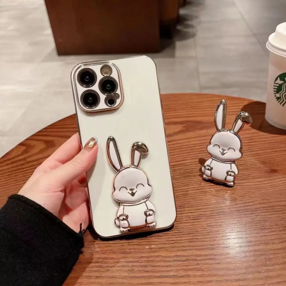 

Rabbit Holder Electroplate Phone Cases For iPhone 14 13 11 12 Pro Max Mini SE2 X XR XS 7 8 Plus Case Shockproof Soft Back Cover