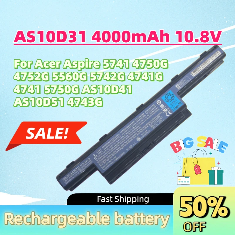 Фото Обновленная батарея для ноутбука AS10D31 4000мАч 10.8В для Acer Aspire 5741 4750G 4752G 5560G 5742G 4741G 4741 5750G AS10D41 AS10D51 4743G №1