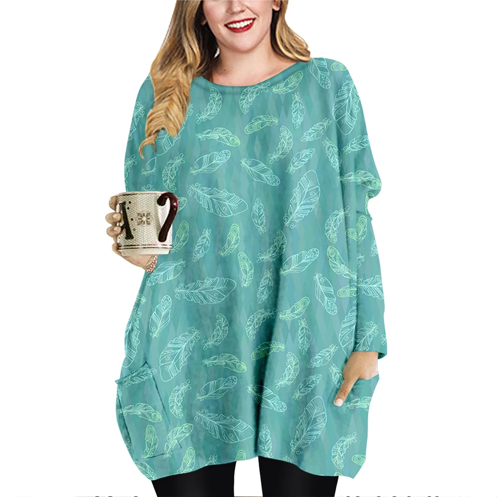 

Женское мини-платье с круглым вырезом, длинным рукавом и принтом перьев