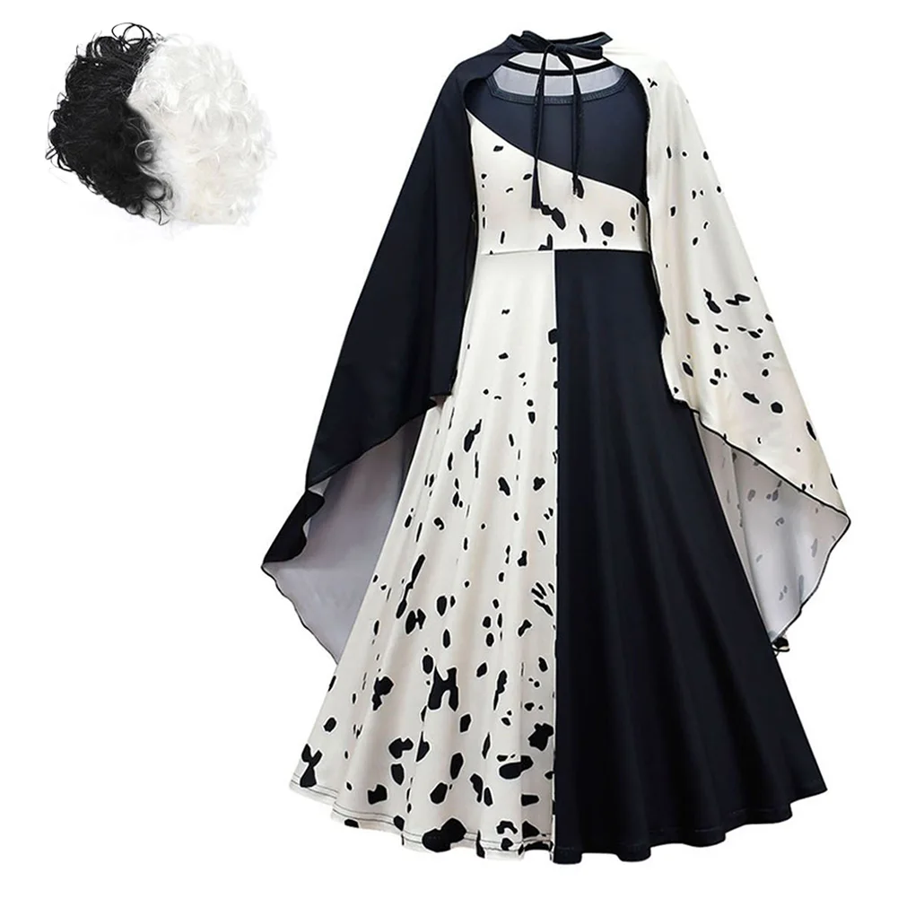 

Детский костюм для косплея Cruella для девочек, длинное платье, накидка, парик, наряды, карнавальный костюм на Хэллоуин