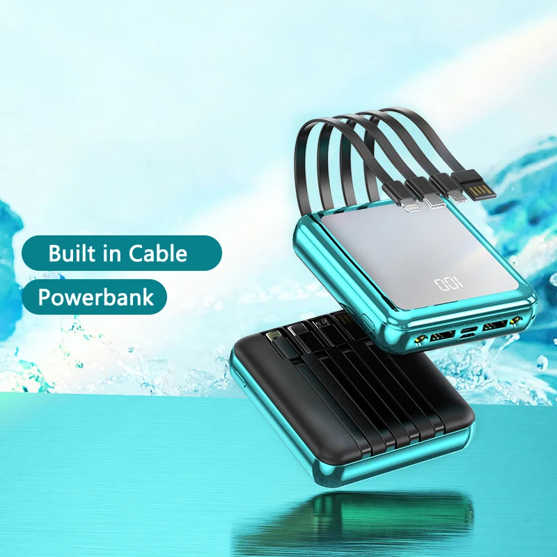 

20000mAh Mini Power Bank Built in Cable Portable Charger for iPhone 13 Samsung S22 Xiaomi Powerbank External Battery Power Bank