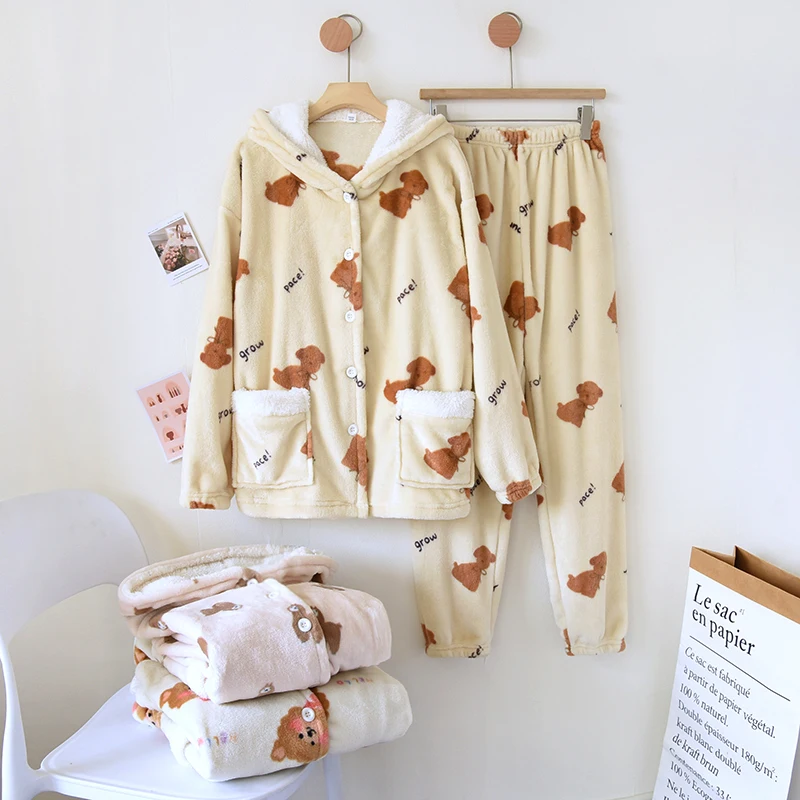 New Cartoon Plus Velvet Thickened Pajama Set Winter Home Suit Flannel Coral Fleece Homewear Thermal Warm Women  Hooded Sleepwear