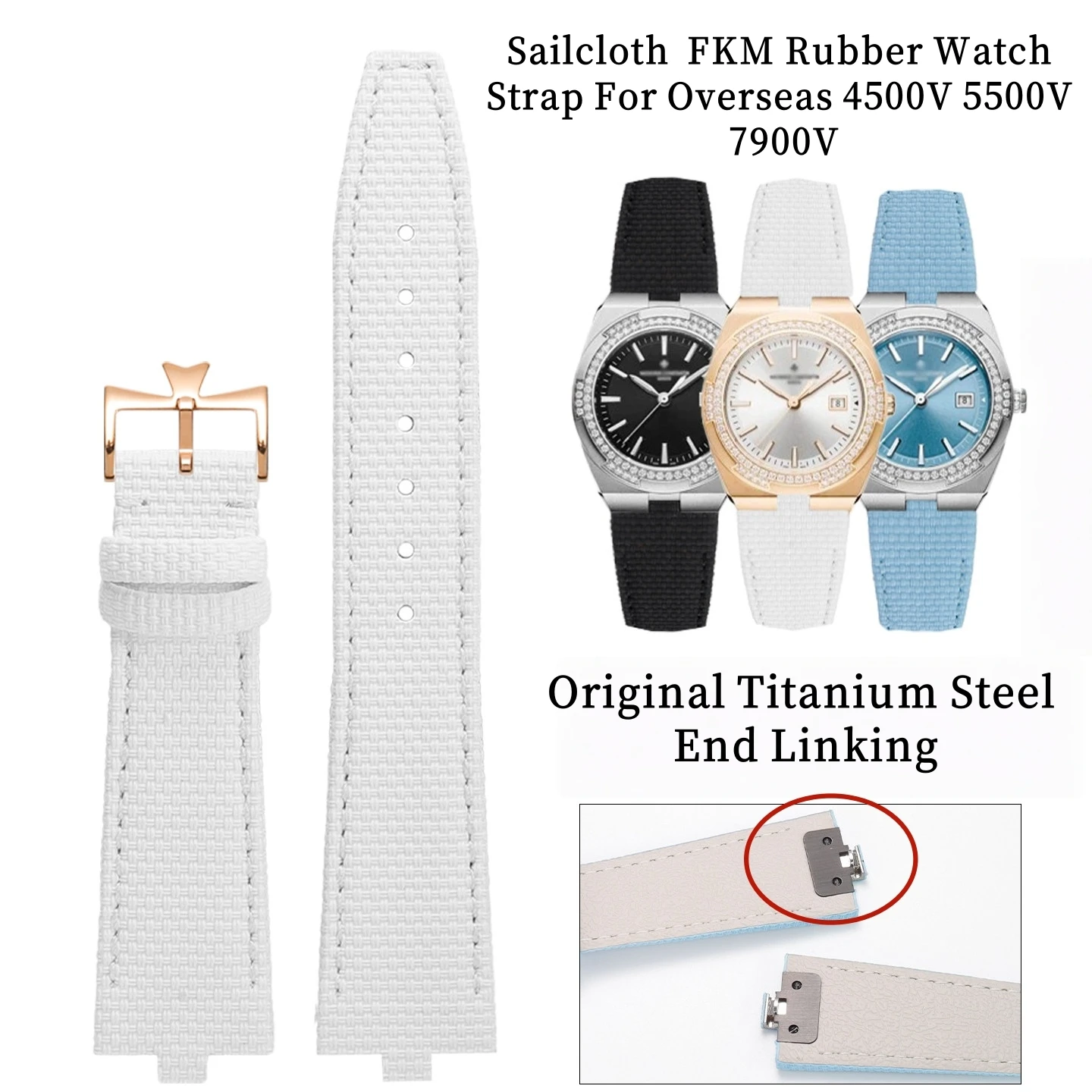 Фото Ремешок для часов ручной работы из парусины и каучука FKM для Vacheron Constantin Overseas 4500V 5500V 7900V, 24×7 мм, с концевыми звеньями №1